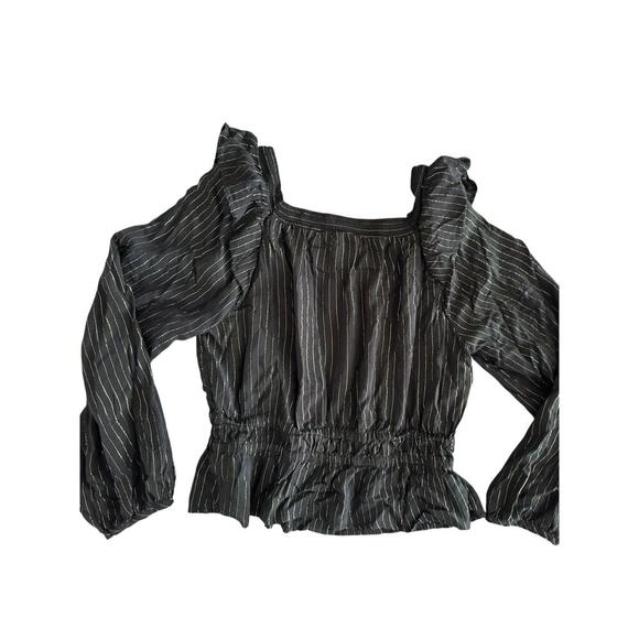 Universal Thread Women Black Metallic Stripe Long Sl S | Ruffle Square Neck Top - Picture 4 of 10